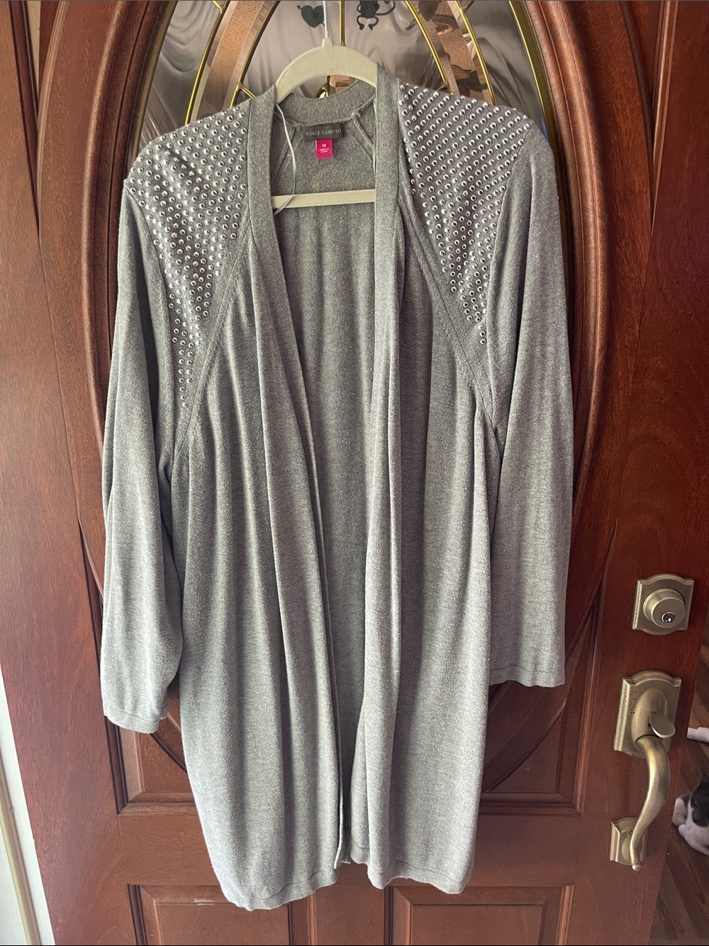 Vince Camuto Grey Open-Front Studded Women's Cardigan Sweater